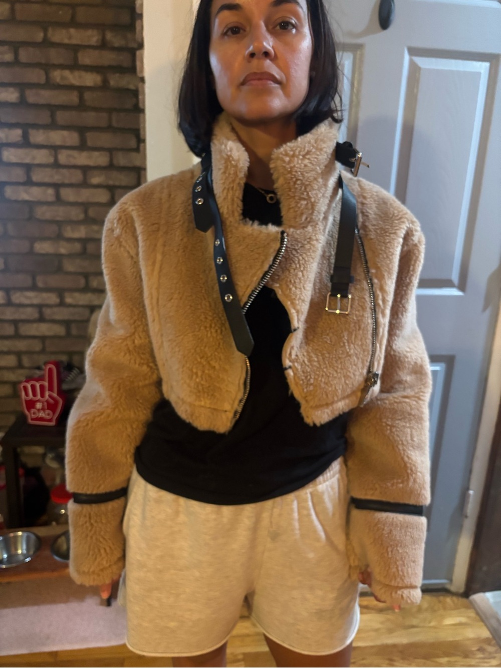 naked wardrobe Cropped Teddy Jacket in Camel with Black Trim